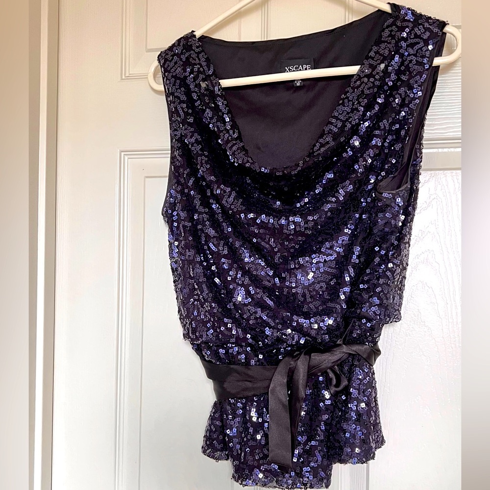 XSCAPE Black/Navy Blue Sleeveless Cowl Neck Sequin Fit & Flare Blouse